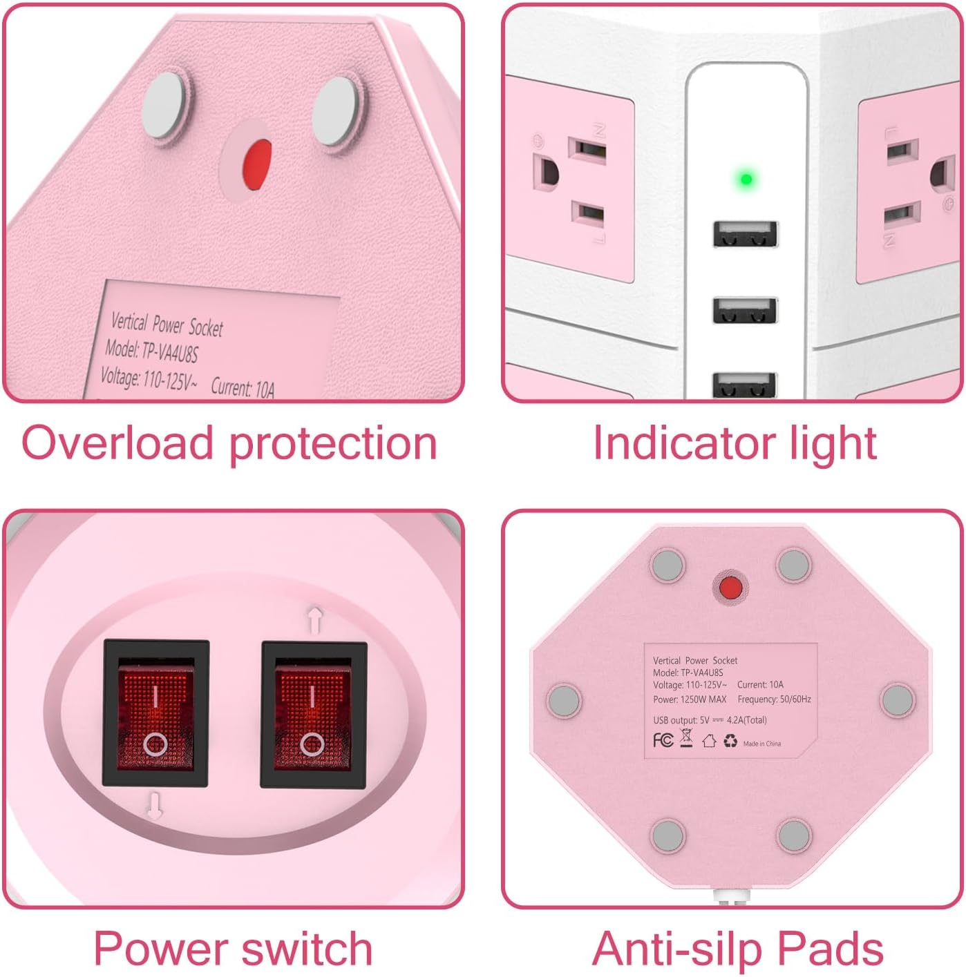 Pink Tower Power Strip with Overload Protection | HITRENDS 8 AC Outlets + 4 USB Ports | 16AWG/ 6.5Ft Extension Cord with Multiple Outlets | Space-Saving Design for Office & Home(1250W, 1050J)