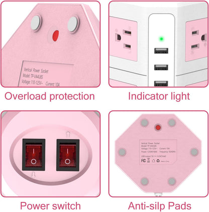 Pink Tower Power Strip with Overload Protection | HITRENDS 8 AC Outlets + 4 USB Ports | 16AWG/ 6.5Ft Extension Cord with Multiple Outlets | Space-Saving Design for Office & Home(1250W, 1050J)