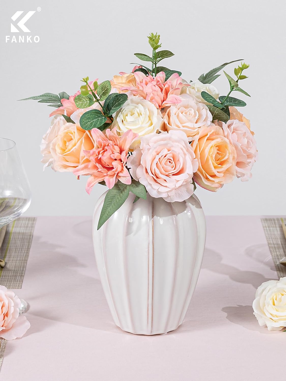 FANKO Artificial Flowers for DIY, Cream Peach Blush Pink Faux Flowers Bouquet, Fake Rose Silk Flowers for Vase, Home Decor, Garland, Wedding, Birthday, Party, Romantic Celebration