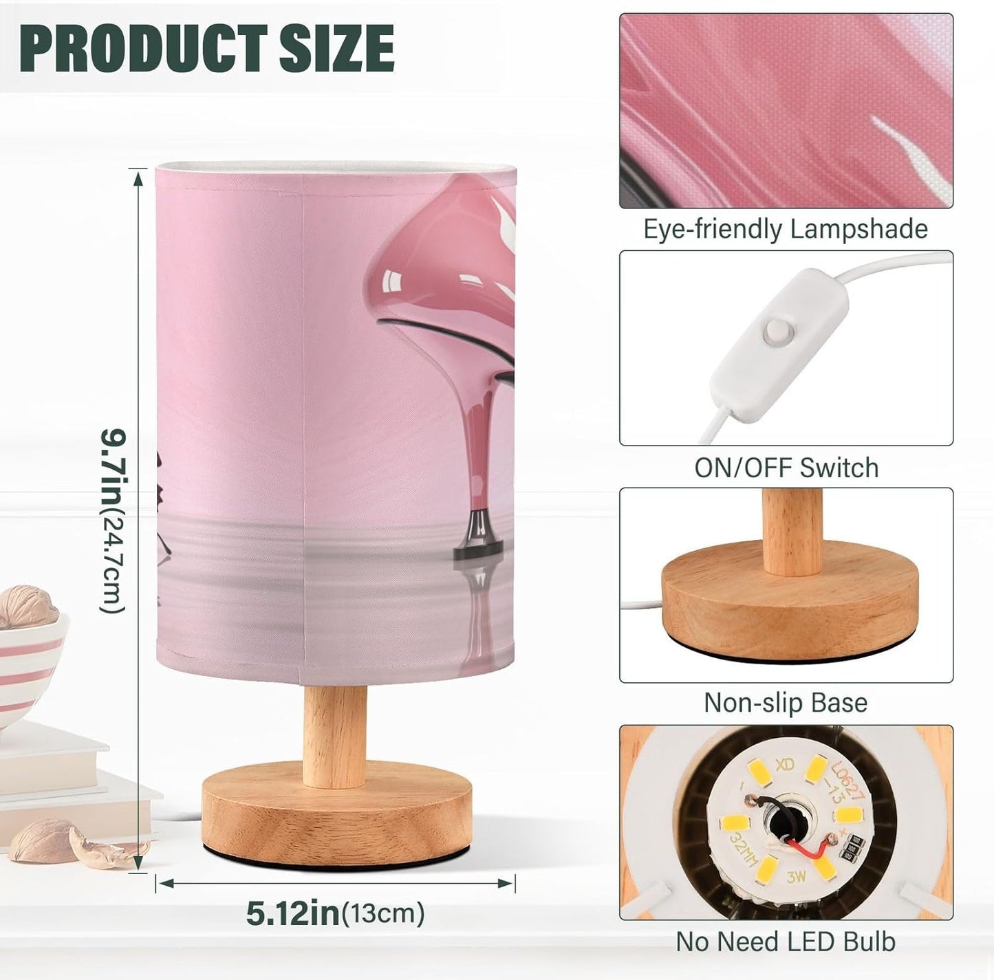 Bedside Table Lamp, Pink High Heels Nightstand Lamp for Bedroom with USB Port, LED Desk Lamps for Living Room Dorm Reading