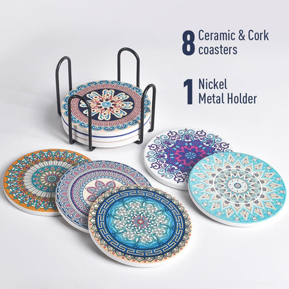 Newk Ceramic Absorbent Coasters - Set of 8 with Metal Holder, Light Colorful Mandala Patterns for Coffee Table, Great Housewarming Gifts