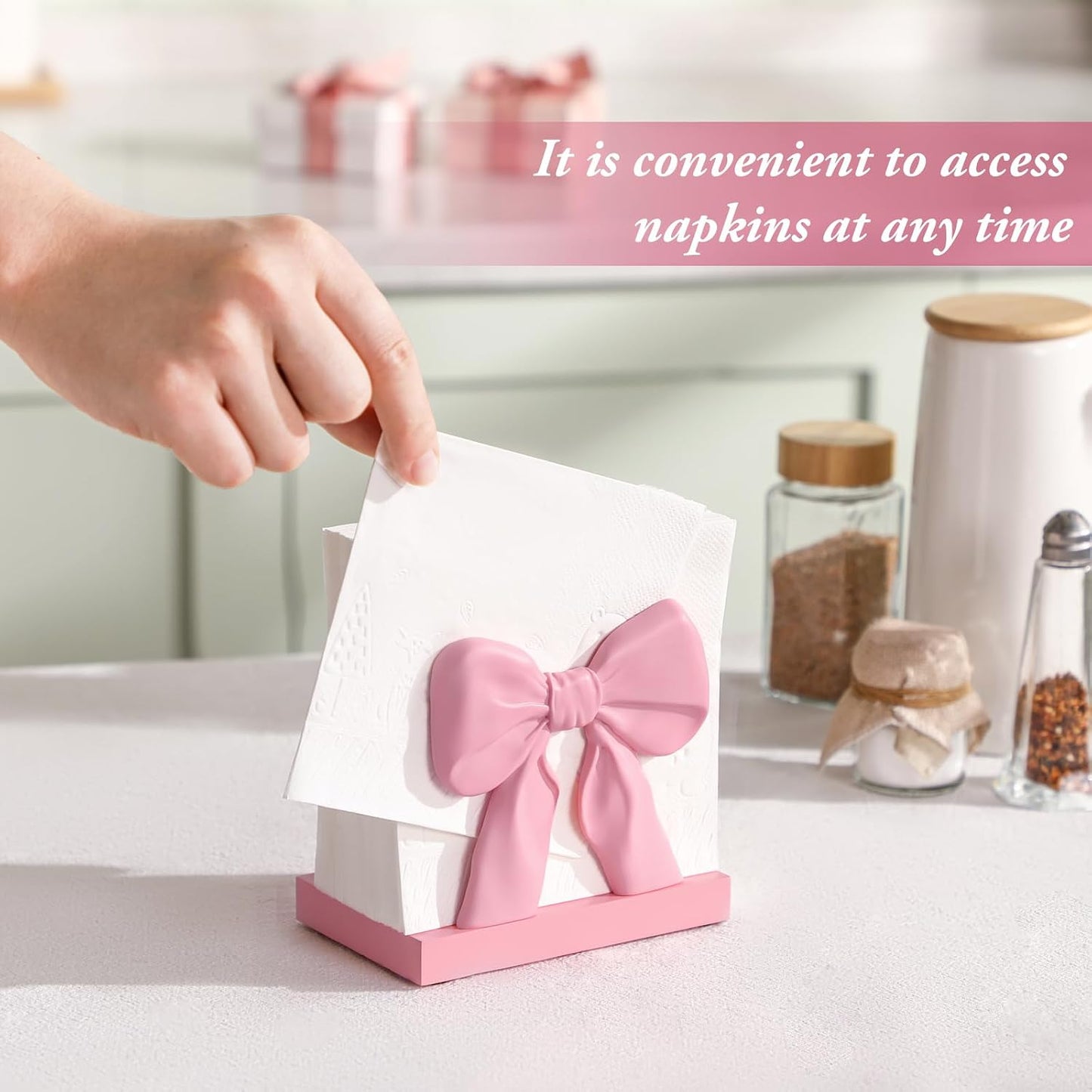 Chunful Pink Bow Napkin Holder Countertop 3D Coquette Kitchen Decor Cute Bow Napkin Dispenser for Home Dining Room Back to School Teacher Gift Bridal Shower Housewarming Gift for Women