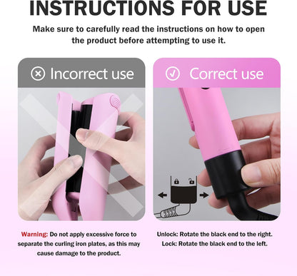 NONK Power Curling Iron Hair Crimper Waver, Ceramic Double Barrel Curling Wand, 1.25 Inch, Dual Voltage, Anti-Scald, Easy to Use, Hot Tools for Women, Pink, Gifts for Women