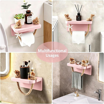 Mermaid Toilet Paper Holder - Pink Beach Coastal Rope Bathroom Decor with Starfish Wall Mount, Farmhouse Tissue Holder with Wood Shelf, Rustic Towel Rack Bathroom Accessories