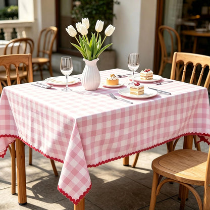 JarThenaAMCS Plaid Tablecloth with Rick Rack Pink Gingham Scalloped Table Cloth Checkered Waterproof Rectangle Table Cover for Spring Picnic Party Home Kitchen Decoration, 55 x 70 Inch
