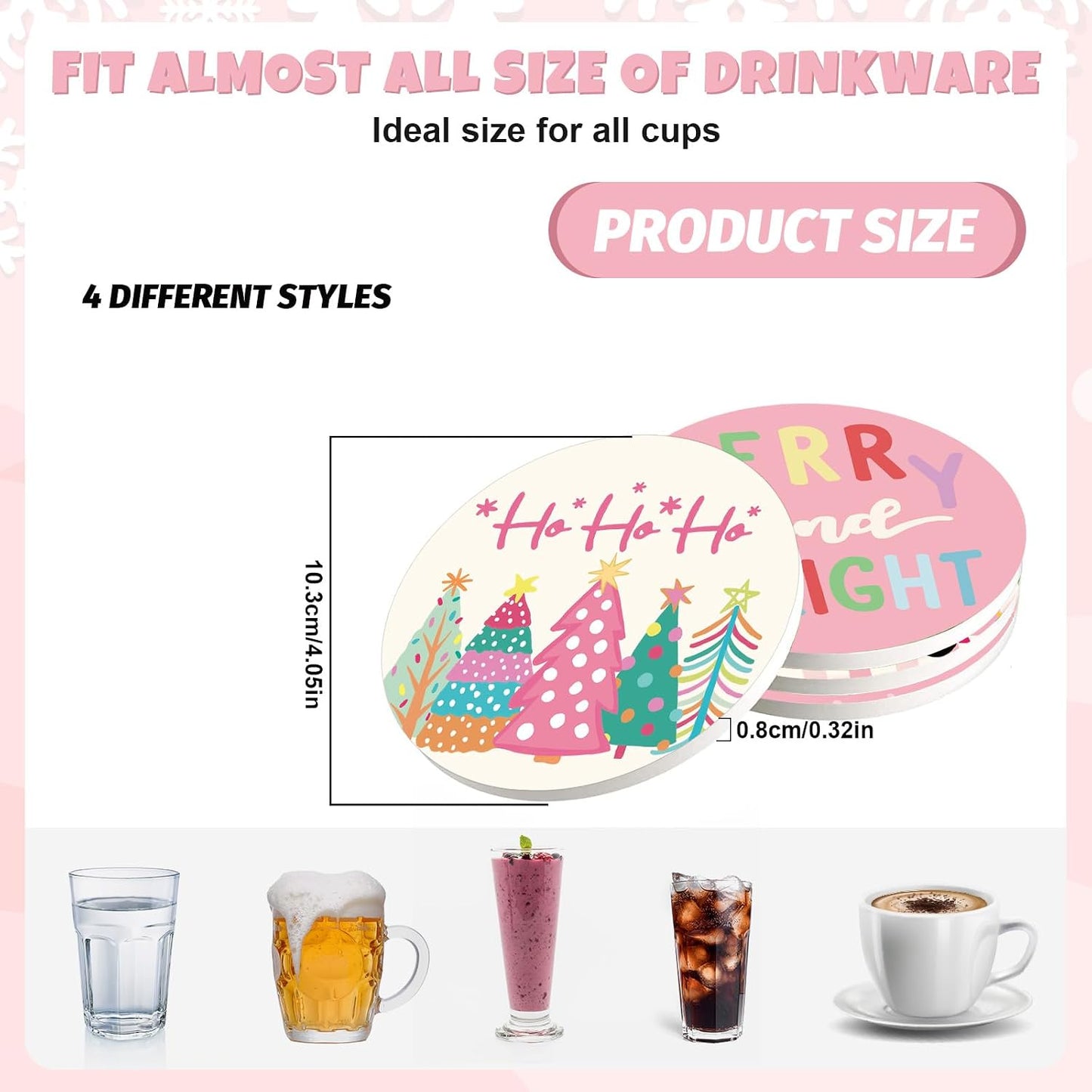 JarThenaAMCS 4Pcs Pink Christmas Cartoon Coasters Winter Snowflake Xmas Tree Truck Ceramic Coasters Absorbent Cup Mat for Mug Cup Home Kitchen Office Party Table Decor