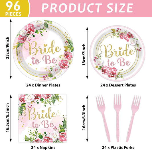 96Pcs Bridal Shower Party Decorations Floral Bride to Be Paper Plates Napkins Flower Pink Gold Wedding Tableware Set Supplies Disposable for Women Engagement Bachelorette Party Favors Serves 24