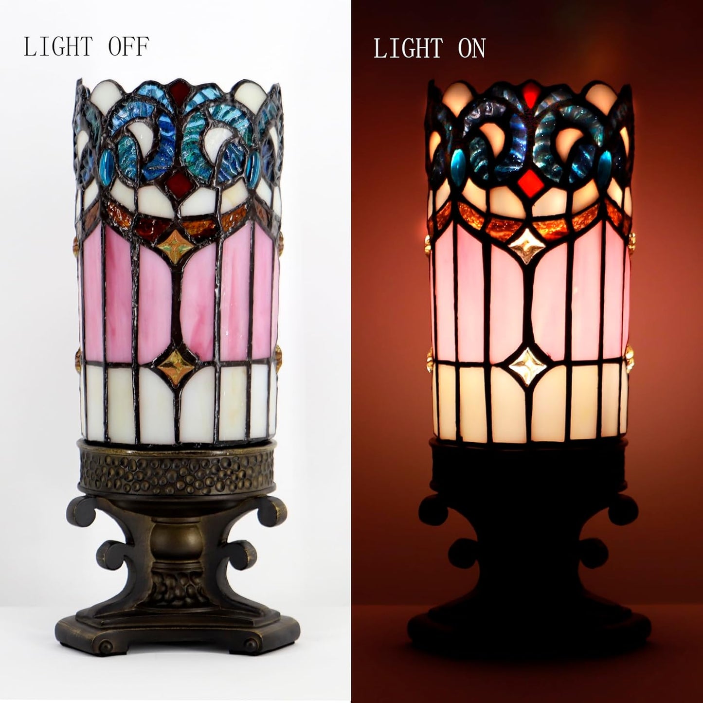 Small Tiffany Lamp Mini Stained Glass Table Lamp Candle Desk Night Light Bronze Resin Base 4" D x 4" W x 10.5" H (Pink Baroque Style)