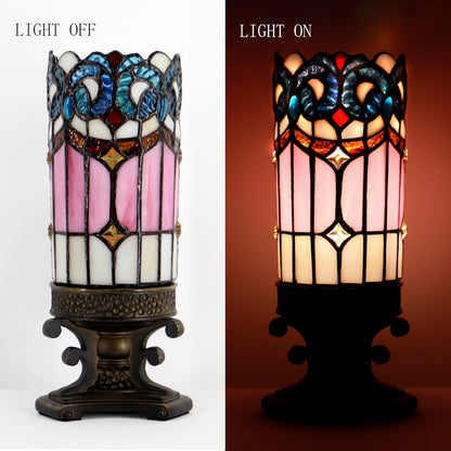 Small Tiffany Lamp Mini Stained Glass Table Lamp Candle Desk Night Light Bronze Resin Base 4" D x 4" W x 10.5" H (Pink Baroque Style)