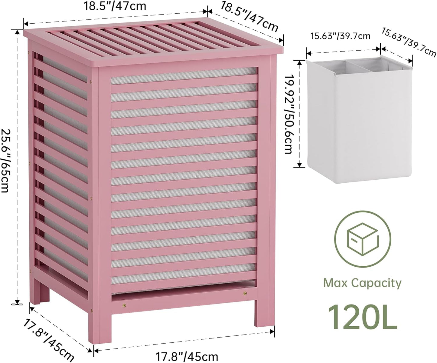 SMIBUY Double Laundry Hamper with Lid, 120L Bamboo Laundry Basket with Removable Liner Bag, 2-Section Clothes Divider Laundry Sorter for Laundry Room, Bathroom, Bedroom (Pink)