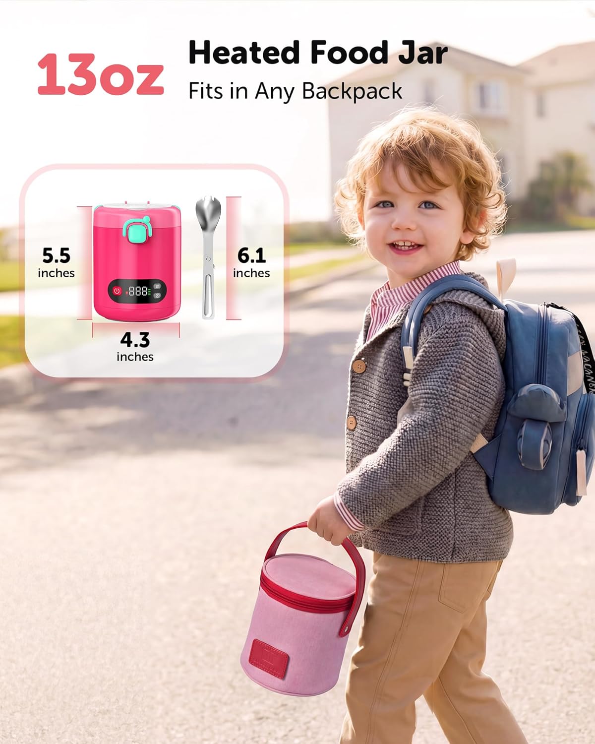 EAST OAK Heated Lunch Box for Kids, 13oz Cordless Electric Lunch Box with Temp Settings & Timer, Portable Food Warmer, 304 Insulated Food Container & Jar, BPA-Free for Early School(Pink)