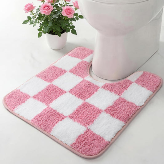 Dunzy Coquette Pink Checkered Toilet Rug U-Shaped Contour Bath Mat 20" x 20" Non-Slip Soft Plush Microfiber Absorbent Machine Washable Bathroom Rug for Women Girls
