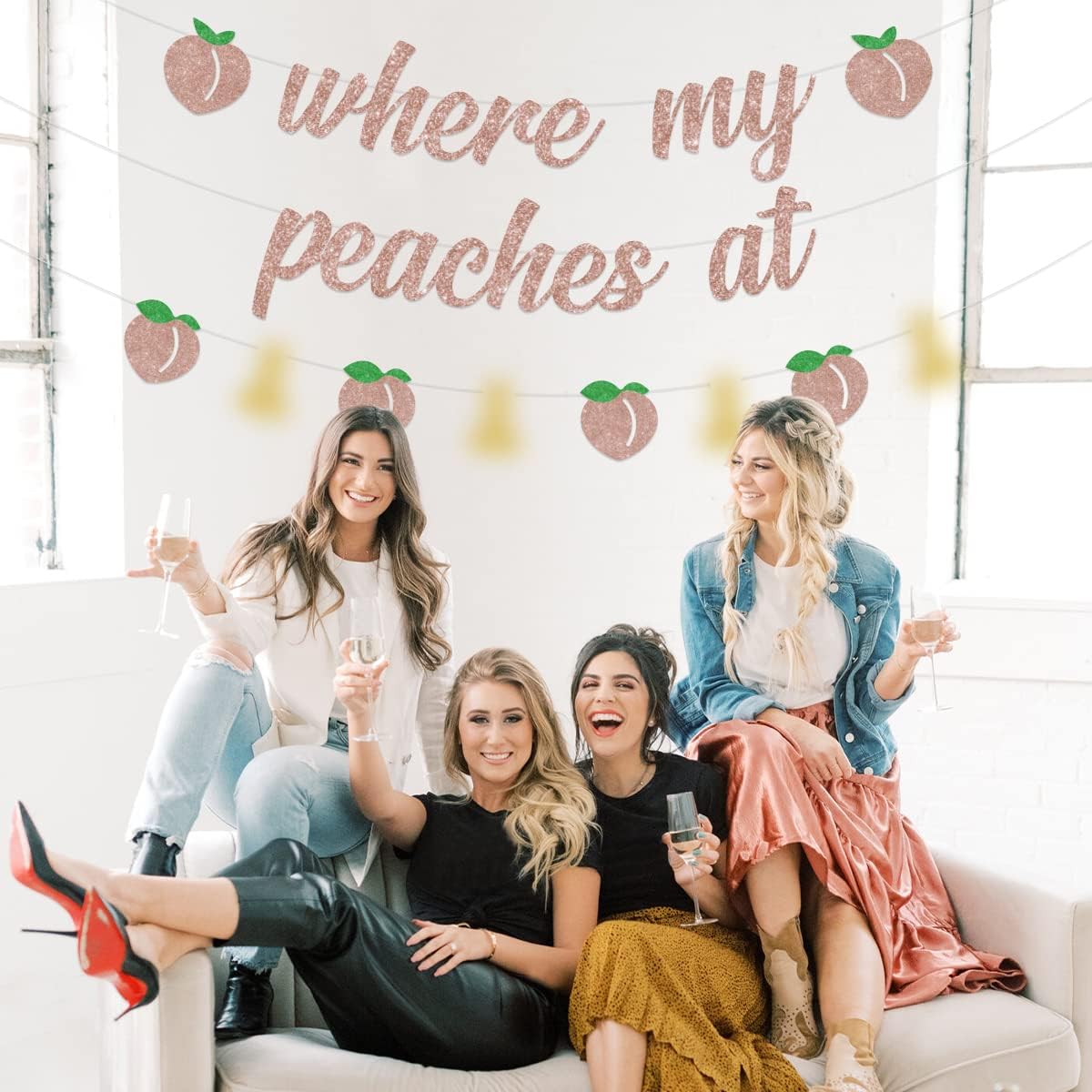 Peach Bachelorette Party Decorations, Rose Gold Where My Peaches at Banner, Funny Peach Garland for Summer Fruit Peach Bridal Shower Engagement Wedding Party Supplies