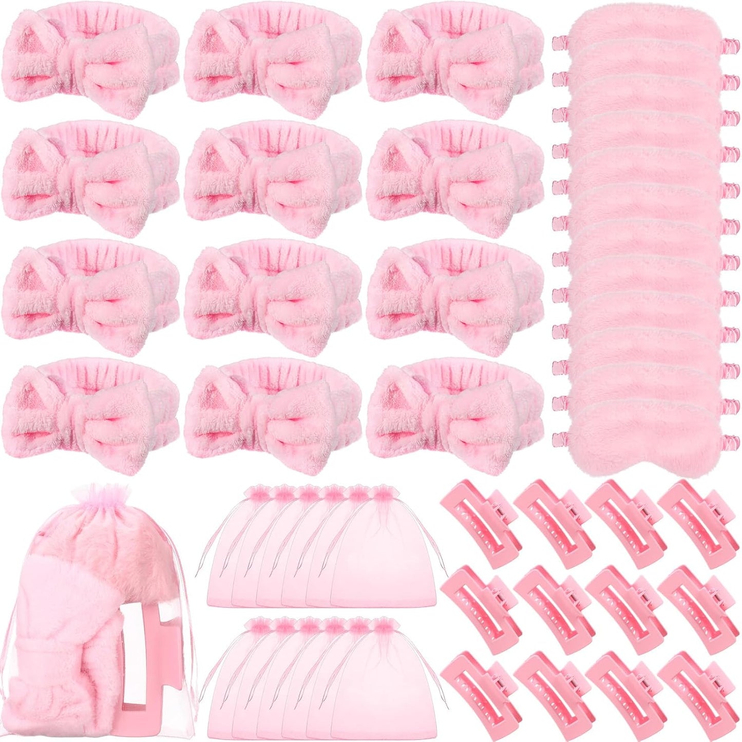 48 Pcs Spa Party Supplies Sleepover Essentials Spa Headband Plush Eye Mask Claw Clips Organza Bag for Birthday Party Women Adult Slumber Supplies (Pink)