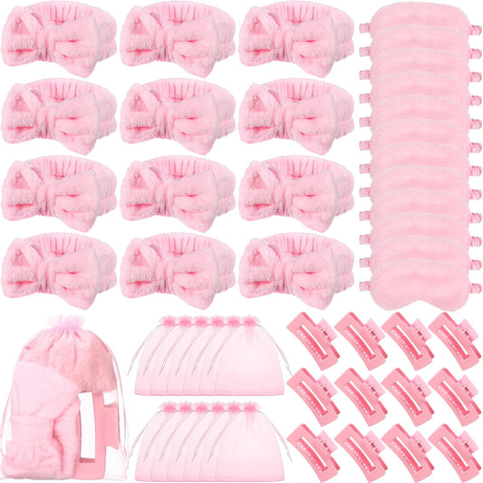 48 Pcs Spa Party Supplies Sleepover Essentials Spa Headband Plush Eye Mask Claw Clips Organza Bag for Birthday Party Women Adult Slumber Supplies (Pink)