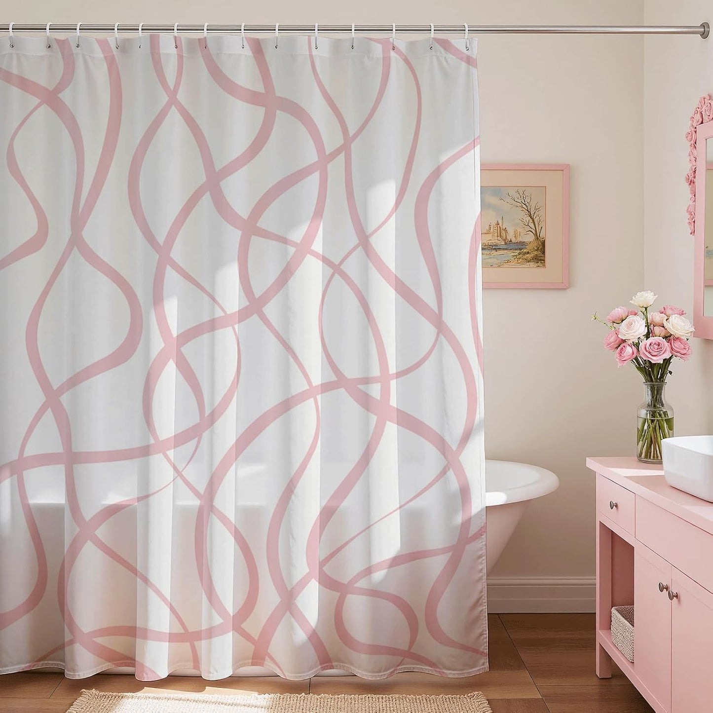 Mocsicka Pink Striped Shower Curtain with 12 Hooks Modern Abstract Wavy Pink Shower Curtain for Girls Women Waterproof Fabric Bath Curtain, 72 x 72 Inch