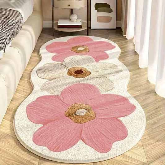 Cute Flower Bath Mat, 19 * 47 in Bathroom Rug Washable Water Non Slip Ultra Soft Absorbent Flower Carpet, Machine Washable Plush Shaggy Decor Mat for Bedroom Bathroom Toilet Floors (Pink-A)