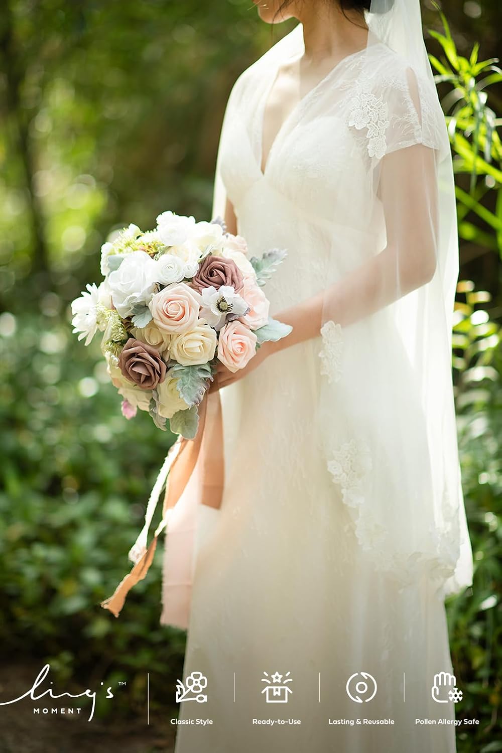 Ling's moment Dusty Rose Bridal Bouquet for Bride, Blush Pink Wedding Bouquets for Bride, 13 Inch Silk Round Artificial Wedding Flowers Bouquets
