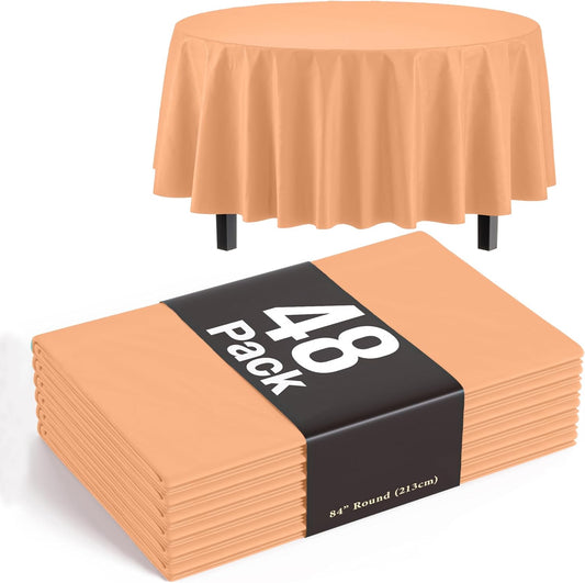 Party Solids Peach Round Tablecloths Plastic Table Cloth Disposable 48 Pack 84" Inch Round Table Cloth Disposable Peach Tablecloths Plastic Tablecloth Indoor/Outdoor Tablecloth Party Supplies
