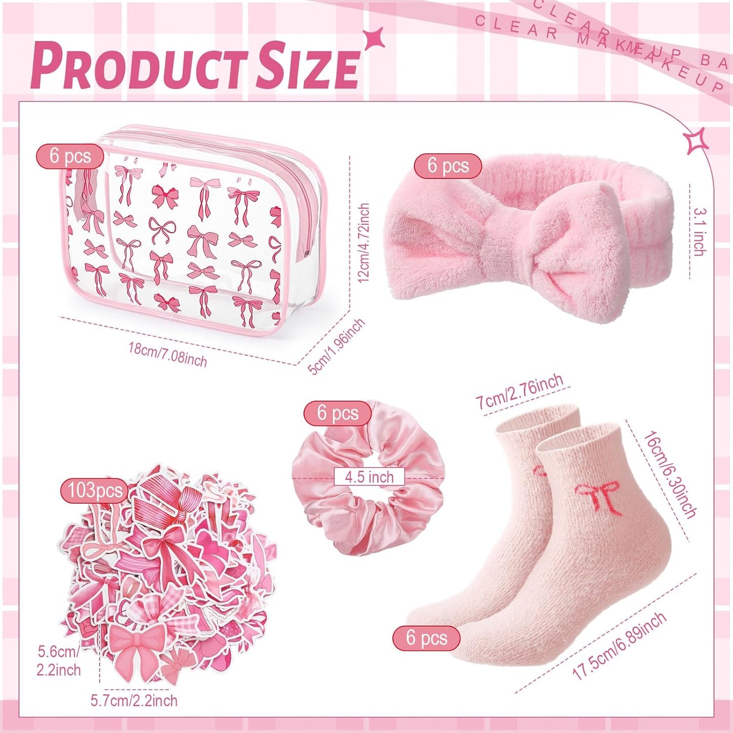 127 Pcs Pink Bows Sleepover Party Favor Supplies 6 Pink Coquette Preppy Makeup Bag 6 Hair Scrunchies Ties 6 Bow Socks 6 Headbands and Sticker Gifts Bulk for Women Bridal Shower