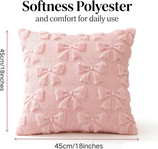 baotongle 2pcs Light Pink Bow Pillow Covers Room Decor Aesthetic Decorative Valentine Throw Pillow Soft Plush Faux Pillowcase for Room Decor Bedroom Couch 18x18 Inch(2, Pink, 17.7x17.7inches)