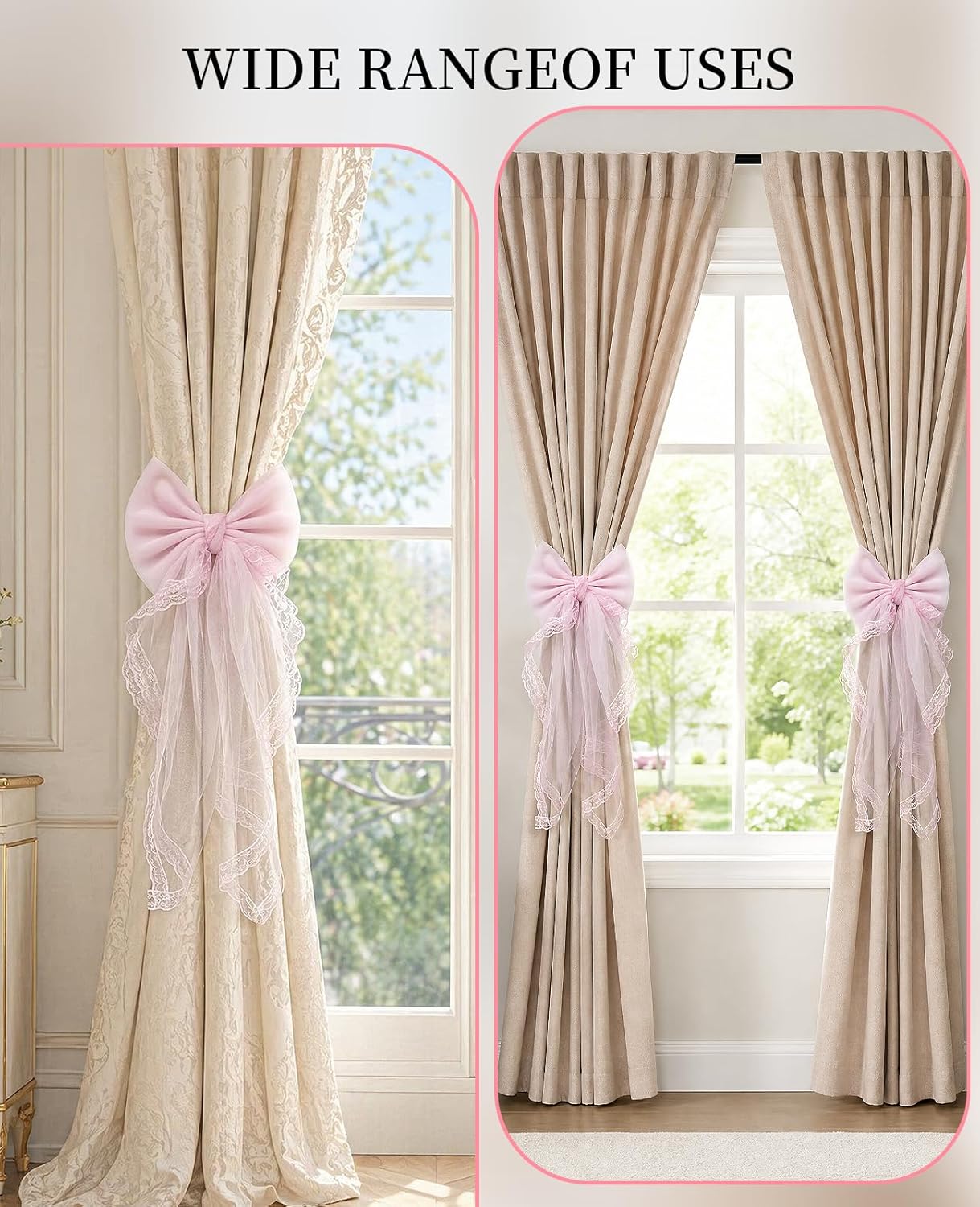 2 Pack French Lace Bow Curtain Tiebacks, Large Bow Curtains Holdbacks Ties for Home Bedroom Wedding Party Décor (Pink)