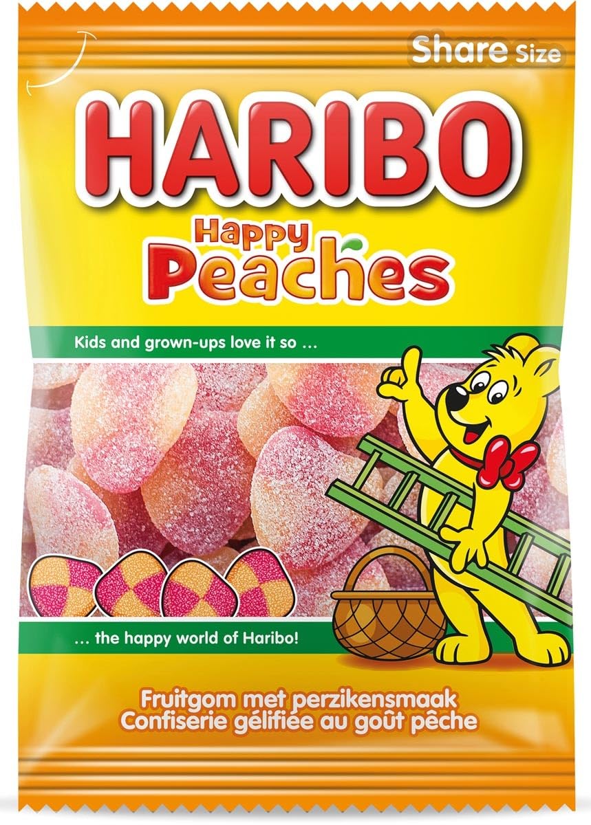 Haribo Happy Peaches | Sweet Peach Gummy Candy with Sugar Coating |185g 6.5 ounce