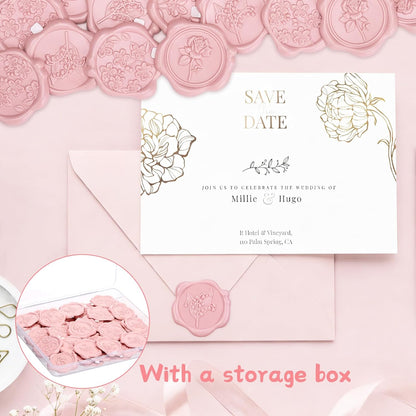 60Pcs Wax Seal Stickers, Wedding Invitation Envelope Seal Stickers Adhesive Backed Blush Pink for Wedding, Party,Valentine's Day,Mother's Day, Gift Wrapping (4 Flower Styles)