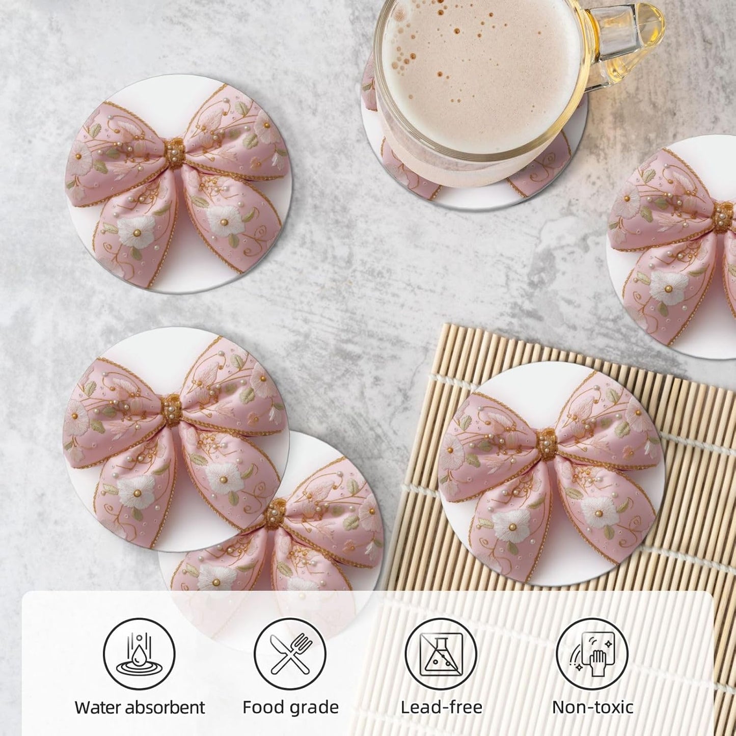 Light Pastel Pink Bow Balloon Embroidered Floral Ceramic Coasters with Holder Set of 6 Coffee Cup Drink Coasters