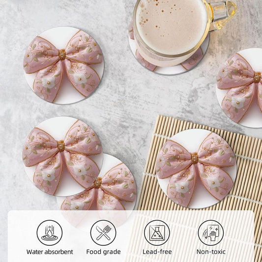 Light Pastel Pink Bow Balloon Embroidered Floral Ceramic Coasters with Holder Set of 6 Coffee Cup Drink Coasters