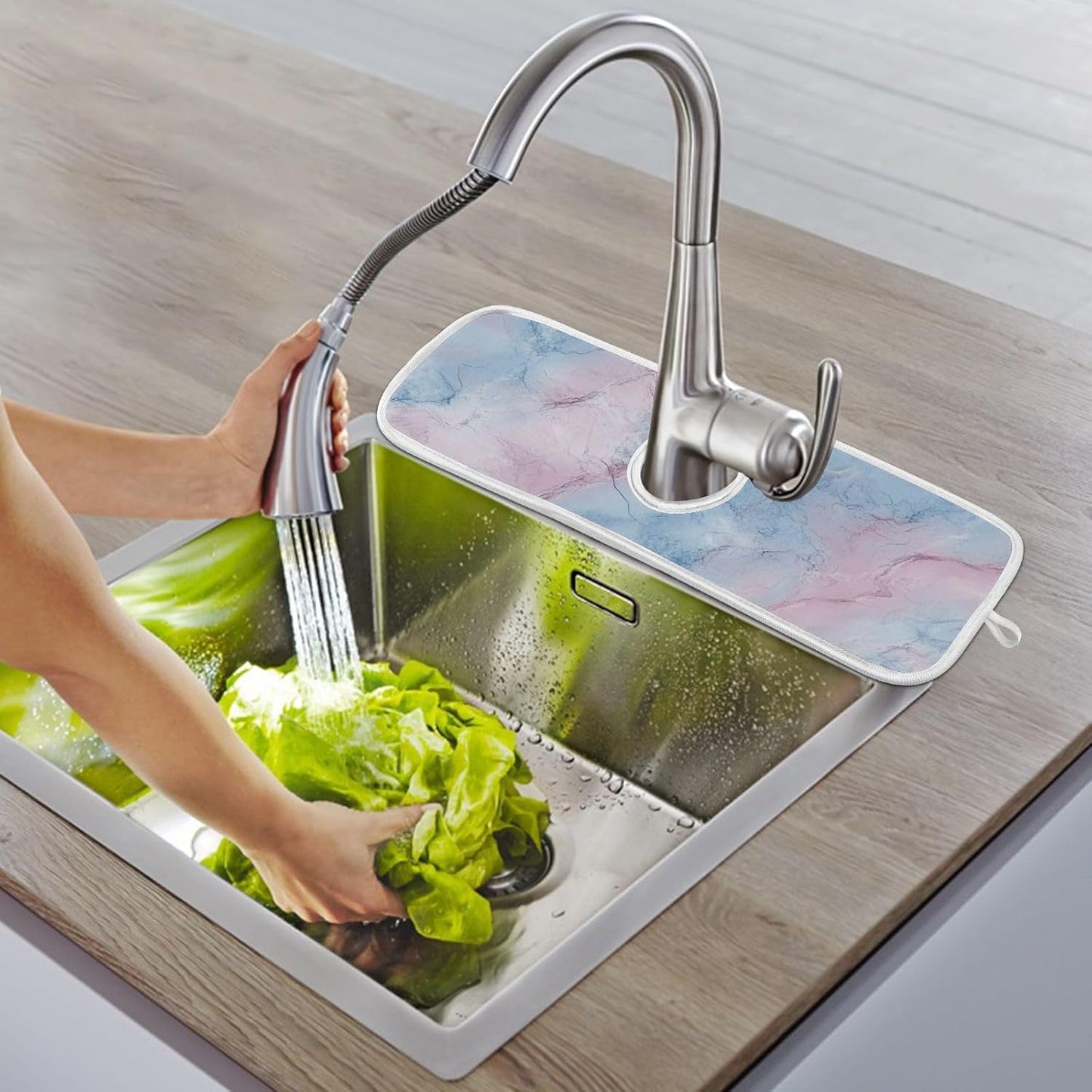 tray around faucet for kitchen sink Fast-Drying hangable sink matt for kitchen Sink Splash Guard & Protectors 23.6”--Pink and Light Blue Marble Texture