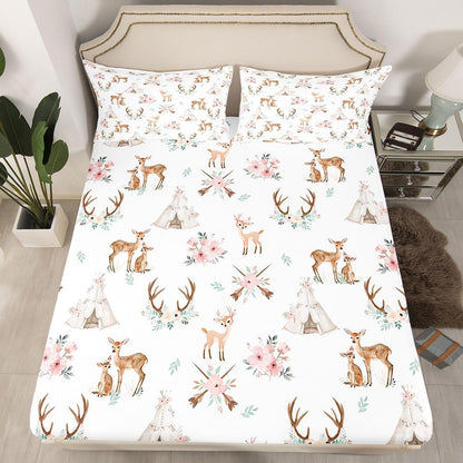 Erosebridal Sika Deer Bed Sheets Set Twin Tent Sheet Set Cute Animal Antlers Arrows Leaf Sheets Pink Peach Blossoms Elk Print Flat Fitted Sheet