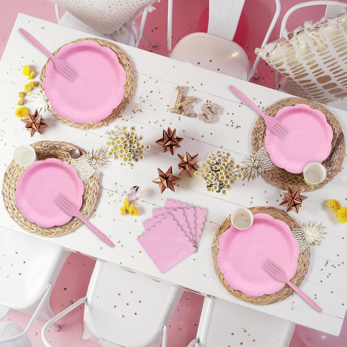 96 Pieces Pink Party Tableware Set – Scalloped Disposable Plates, Napkins and Forks, Solid Pink Party Supplies for Birthday, Baby Shower, Princess Party and Tea Party Decorations