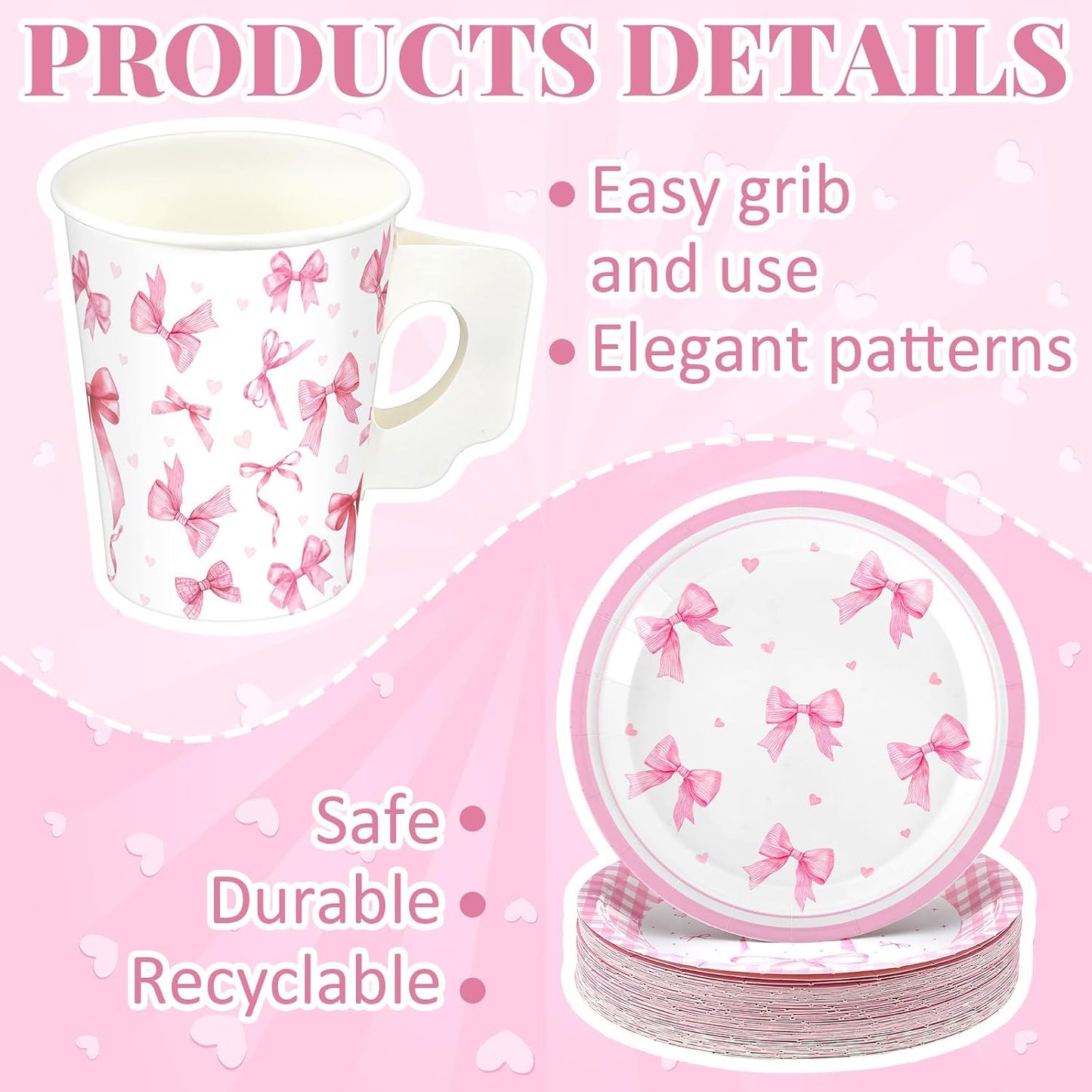 Jingmore 144 Pcs Pink Bow Party Supplies Kits Bachelorette Party Decorations Include Pink Paper Plates Napkins Cups Coquette Disposable Tableware Dinnerware for Girls Birthday Bridal Shower