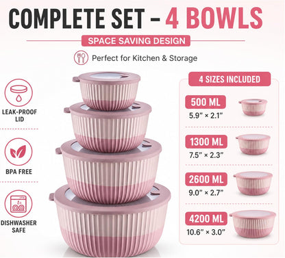 Mixing Bowls with Lids, 8-Piece Airtight Leak-Proof Nesting BPA-Free Bowl Set for Kitchen & Food Storage, Large 4200ml Capacity, Microwave & Dishwasher Safe
