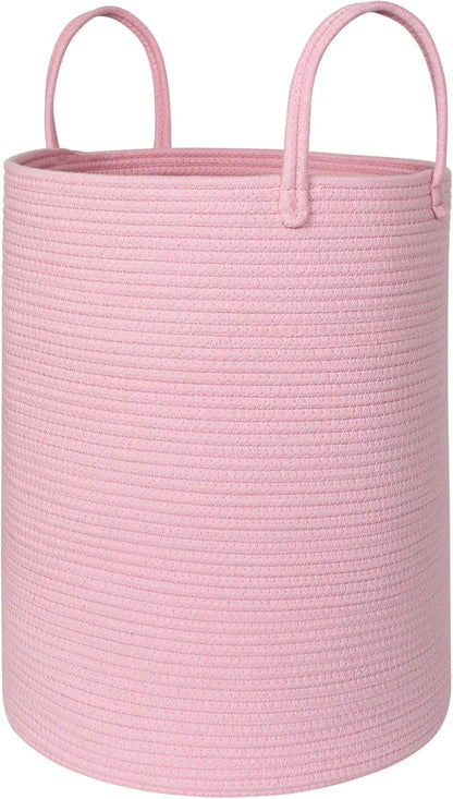 MEGASKET Large Pink Laundry Basket, 15"x18" Tall Blanket Storage for Living Room, Woven Cotton Rope Laundry Hamper for Girls Baby, Pink Room Decor Aesthetic, Decorative Clothes Hamper for Towels Toys