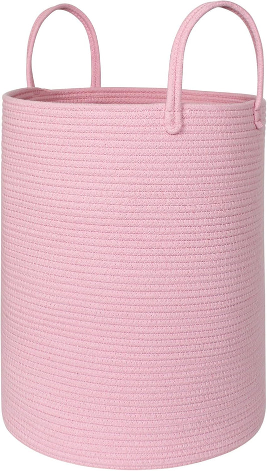 MEGASKET Large Pink Laundry Basket, 15"x18" Tall Blanket Storage for Living Room, Woven Cotton Rope Laundry Hamper for Girls Baby, Pink Room Decor Aesthetic, Decorative Clothes Hamper for Towels Toys