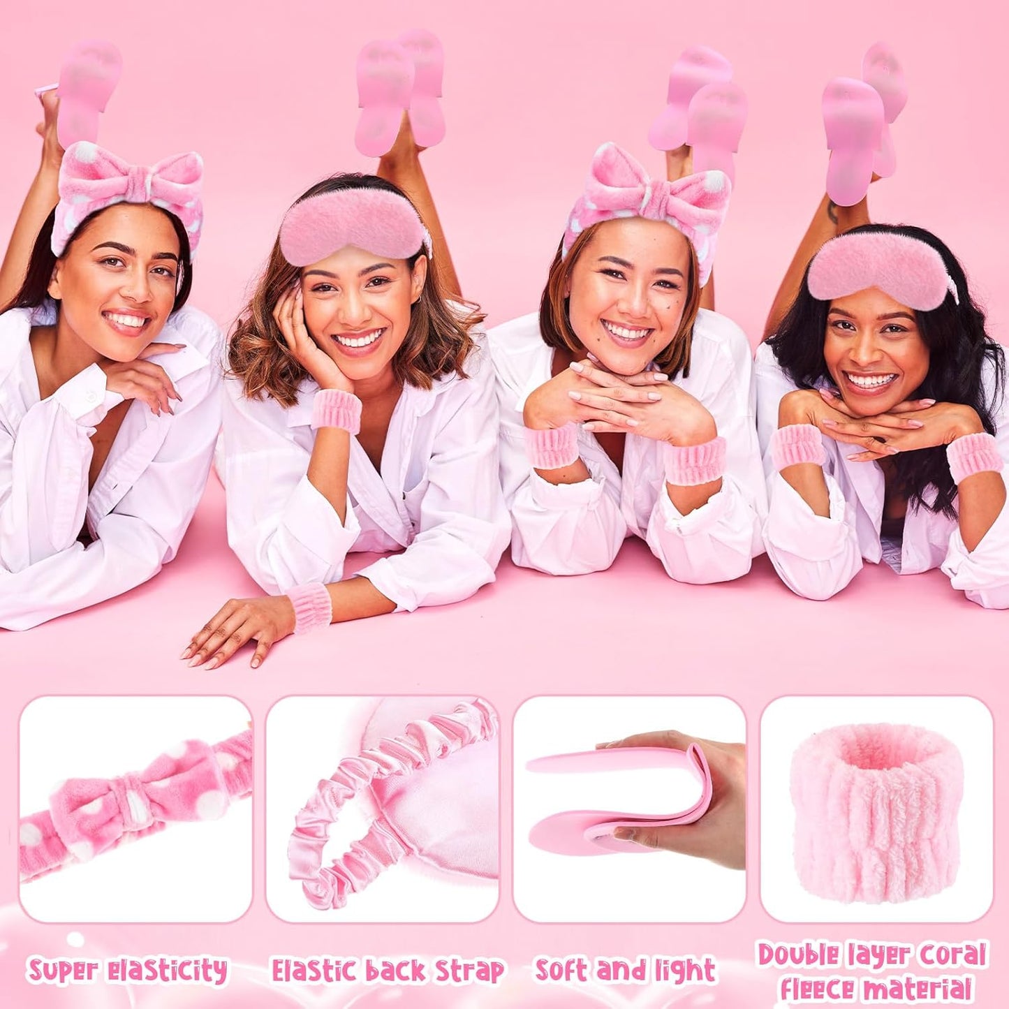 Moucuny 42 Pcs Summer Spa Sleepover Party Supplies Bulk for Women Include 6 Pink Hairbands 6 Eye Masks 12 Wristbands 6 Bath Loofahs 6 Pairs Disposable Slippers 6 Organizer Bags(Bright)