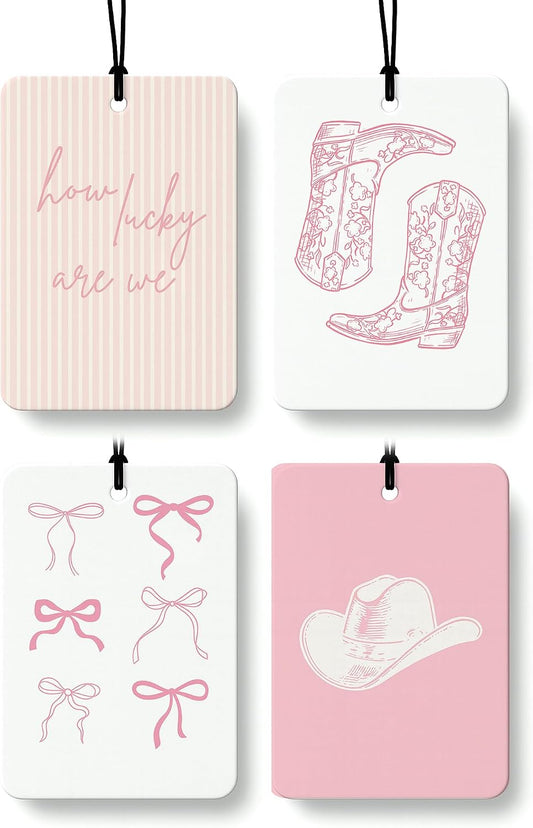 Pink Western Car Air Freshener 4 Pcs Coconut Scented, Coquette Preppy Pink Cowgirl Car Accessories Mirror Decor for Women, How Lucky are We Hanging Air Freshener for Cars Closet Drawer Books