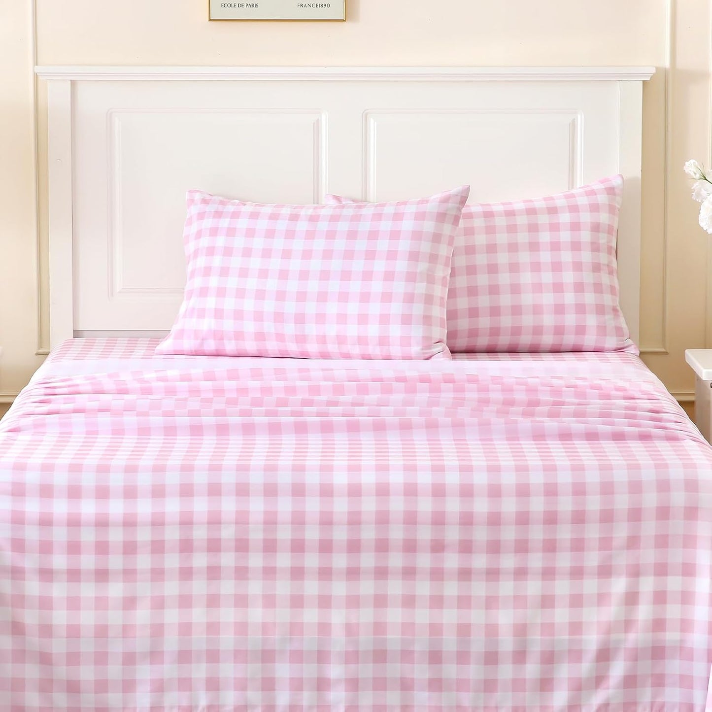 MICORAL Queen Sheet Set Pink Gingham Plaid, 4-Piece Brushed Microfiber Cute Grid Bed Sheets, 16" Deep Pocket, Ultra Soft & Cooling Sheet, Oeko-TEX Certified, Light Pink