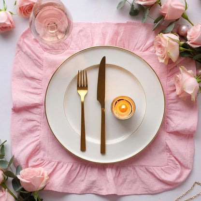 Patelai Set of 6 Pink Ruffle Placemat 16 Inch Light Pink Cotton Fabric Tablemat Farmhouse Rustic Decorative Scalloped Washable Place Mat for Valentines Wedding Holiday Party Kitchen Dining Table Decor