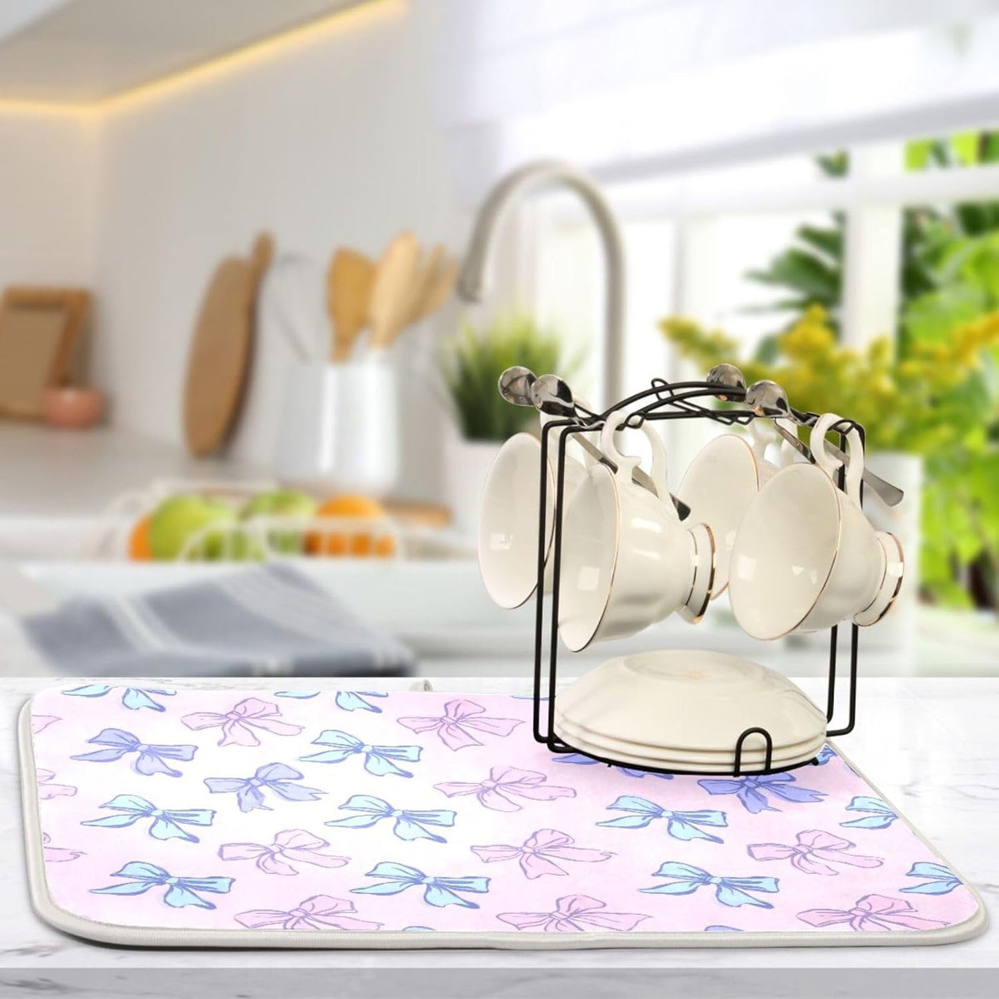 Bow Light Dish Drying Mat Pink Blue Printed Dry Dishes Pads Mats,Absorbent Countertops Tableware Protector for Kitchen Counter Coffee Bar