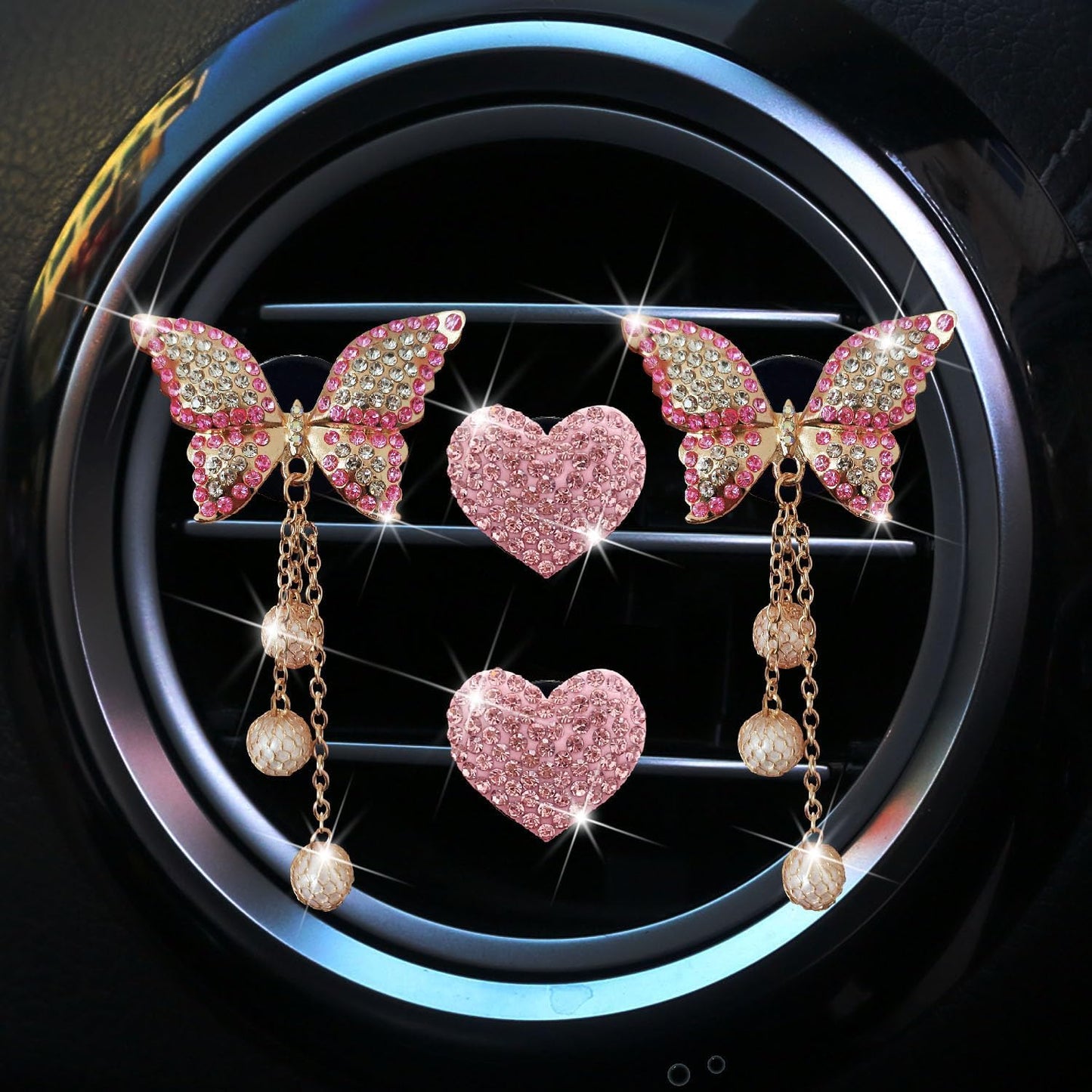 Pink Heart & Butterfly Air Vent Clips, 4 Pcs Bling Heart & Butterfly Air Fresheners Vents Clips Diamond Car Interior Decor Bling Cute Pink Car Accessories Decoration for Women + Heart Mask Hook