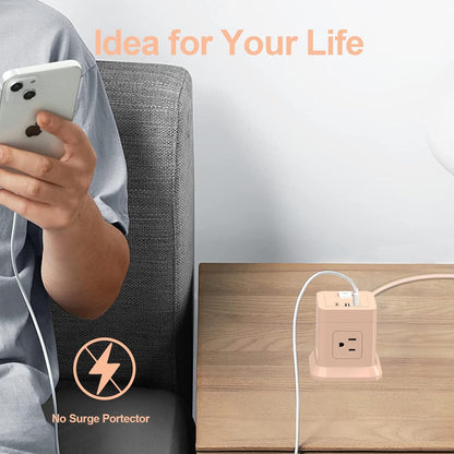 Cube Power Strip, FDTEK 4 Widely Spaced Outlet with 3 USB (1 USB C) Flat Plug Power Strips with Long Extension Cords Space Save Compact Portable for Travel Home Office Cruise (Pink)