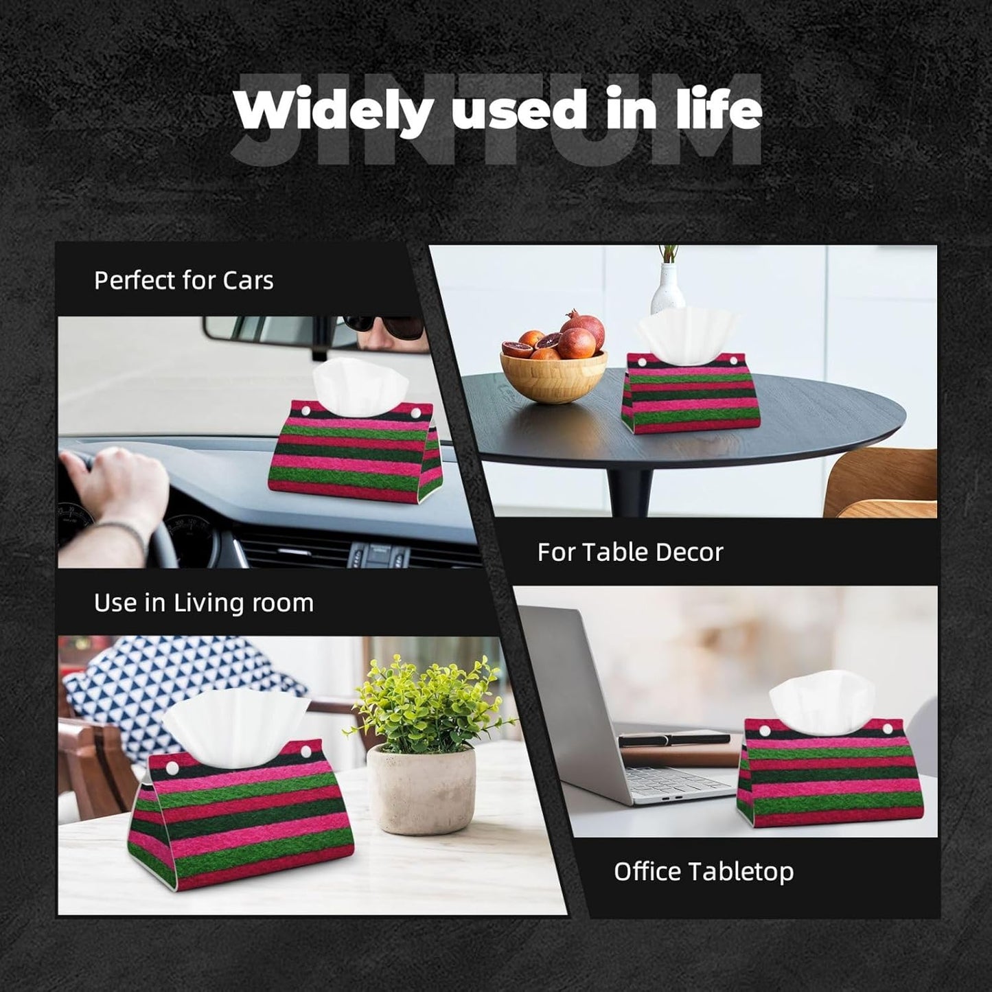 Pink Green Striped Pattern Textured Fabric Tissue Box Cover Rectangle Pu Leather Tissue Box Holder for Car Bathroom Bedroom Desk Tabletop Decor