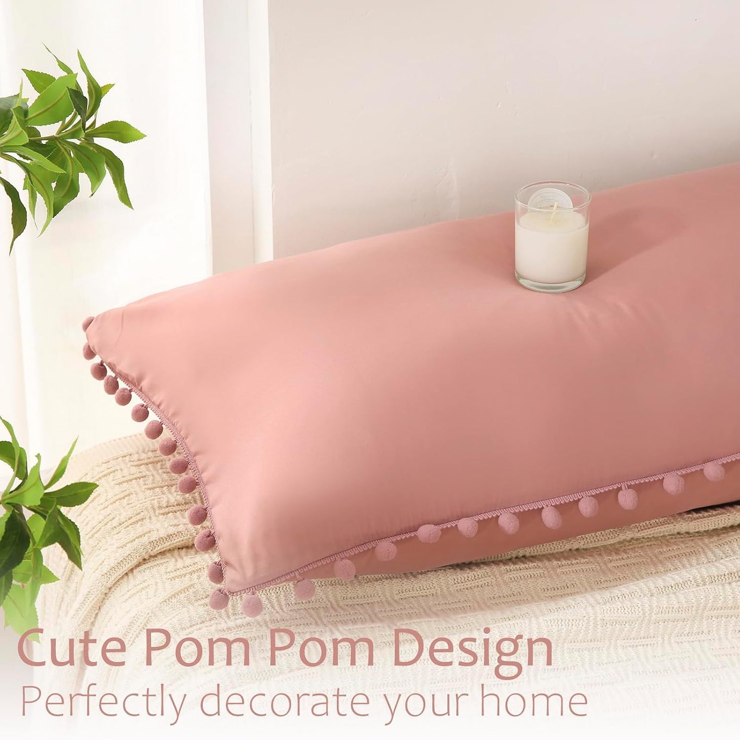 Bean Paste Pink Pom Poms Pillowcases, Standard Queen Pillow Cases Set of 2, 100% Washed Microfiber,Pink Ball Fringe Pillow Cover, 2 Pack (Queen, Bean Paste)