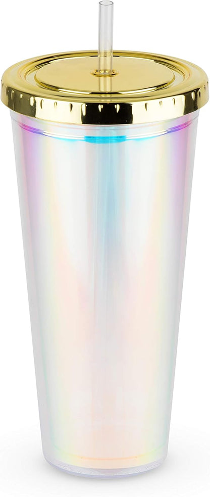 Blush Iridescent Cute Drink Tumbler | Reusable, Leak-Proof, Travel, Clear Plastic, Slim, Iced Coffee Cup with Silicone Seal, Screw-On-Lid, and Straw, 24oz