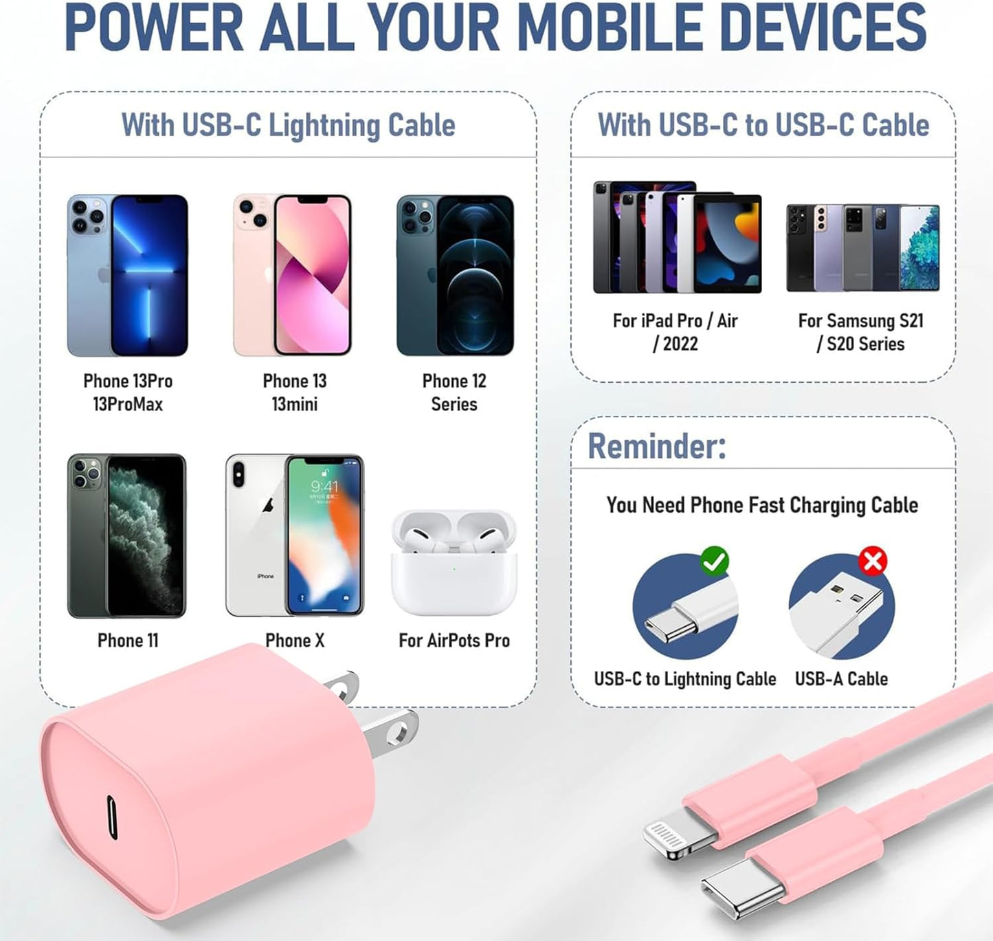 Essri Phone Charger Fast Charging 10 FT, 2-Pack 20W PD USB C Block with iPhone 14 13 Charger Cable 10 Foot, Compatible with iPhone 14 Pro 13 Pro Max 12 11 Pro Mini,Pink