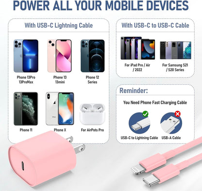 Essri Phone Charger Fast Charging 10 FT, 2-Pack 20W PD USB C Block with iPhone 14 13 Charger Cable 10 Foot, Compatible with iPhone 14 Pro 13 Pro Max 12 11 Pro Mini,Pink