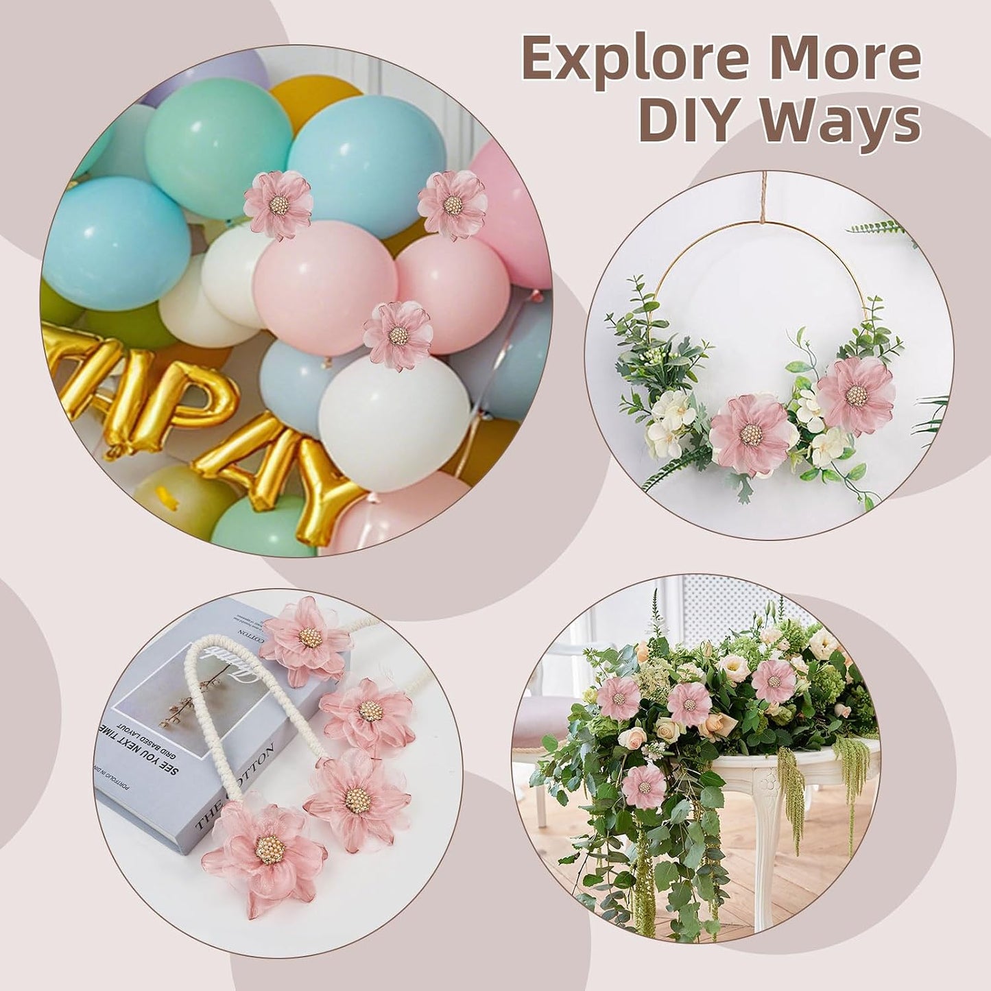 AULEEP 2 Pack Flower Curtain Holdbacks, No Drill Curtain Tiebacks for Drapes, Premium Fabric Curtain Ties, Decorative Curtain Tie Backs for Home Living Room Bedroom Nursery, Pink